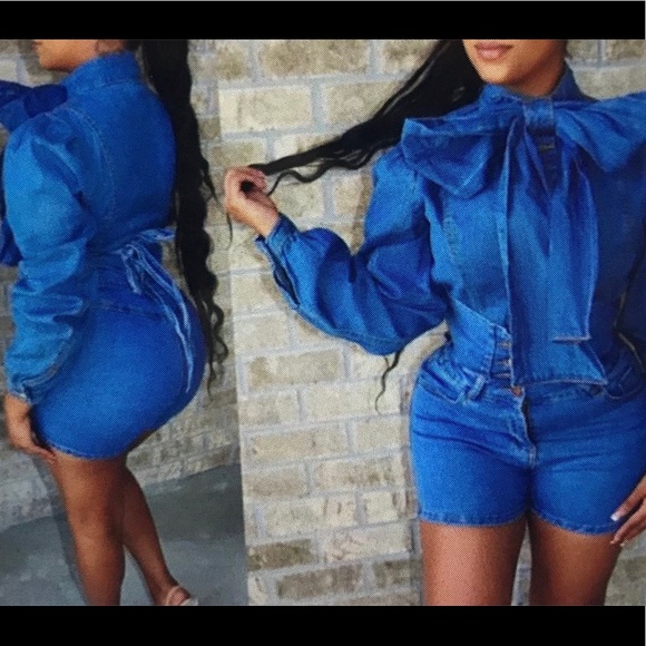 Long Sleeve BowTieNeck Denim Short Set - Picture 1 of 1